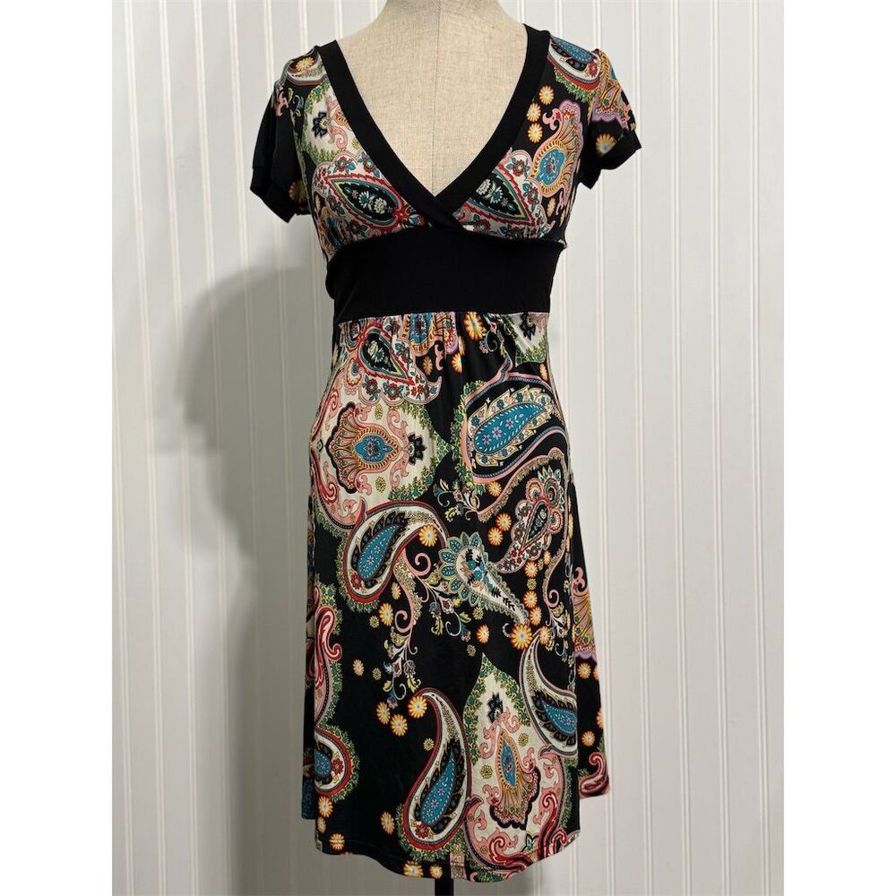 VTG Y2K Lipstick Paisley Mini Dress Empire Waist Stretch Cap Sleeve Black Size M